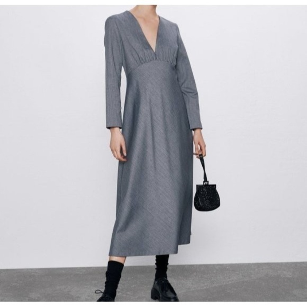 Zara A-line Maxi Dress Women S NWT Long Sleeve V-neck Cotton Blend Zip Closure